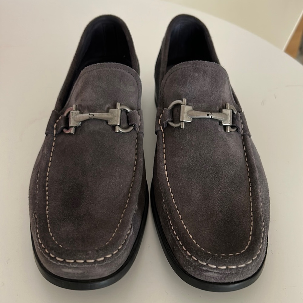 Grey suede ferragamo loafers with silver buckle detail